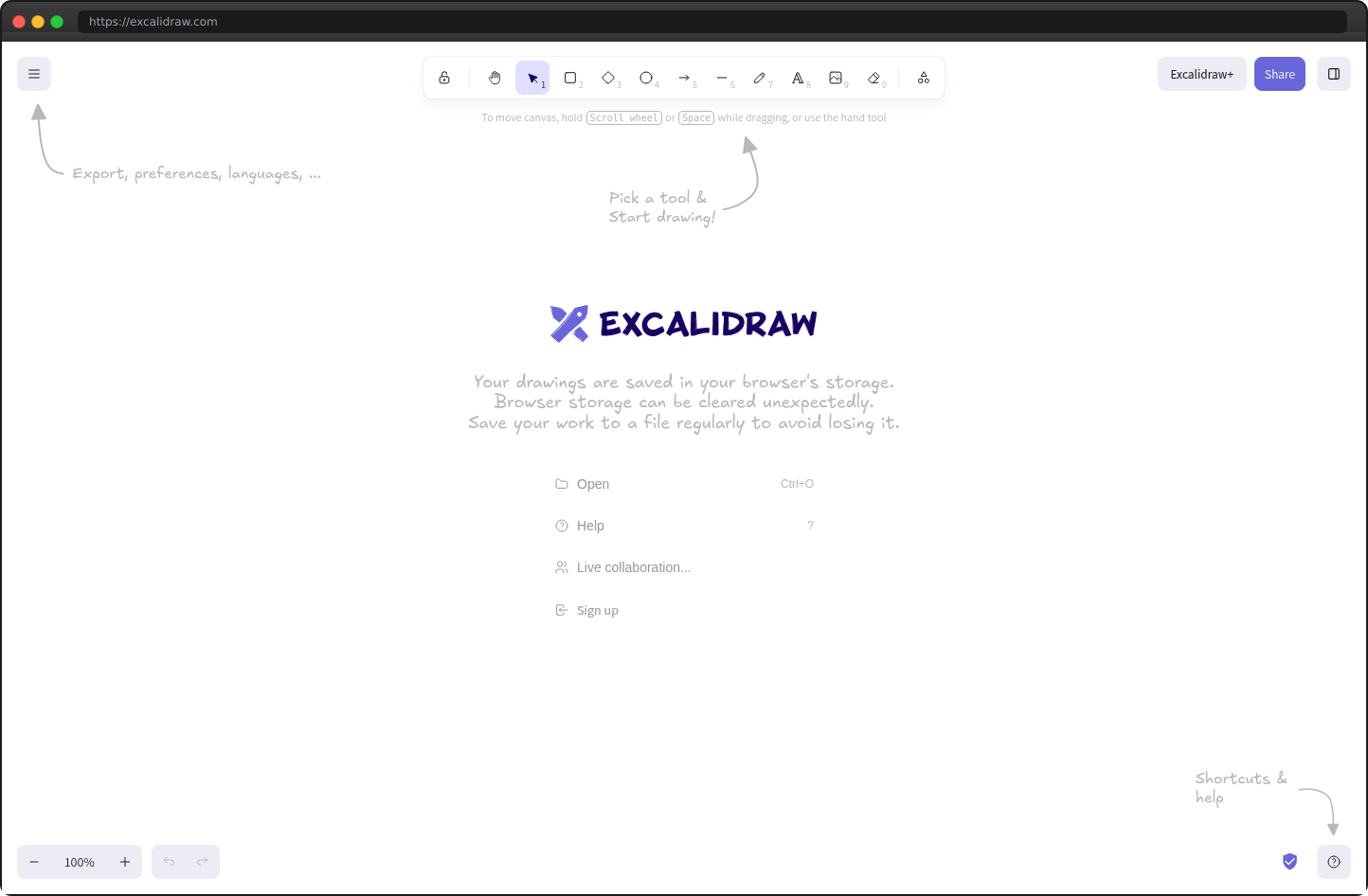 Screenshot of excalidraw.com