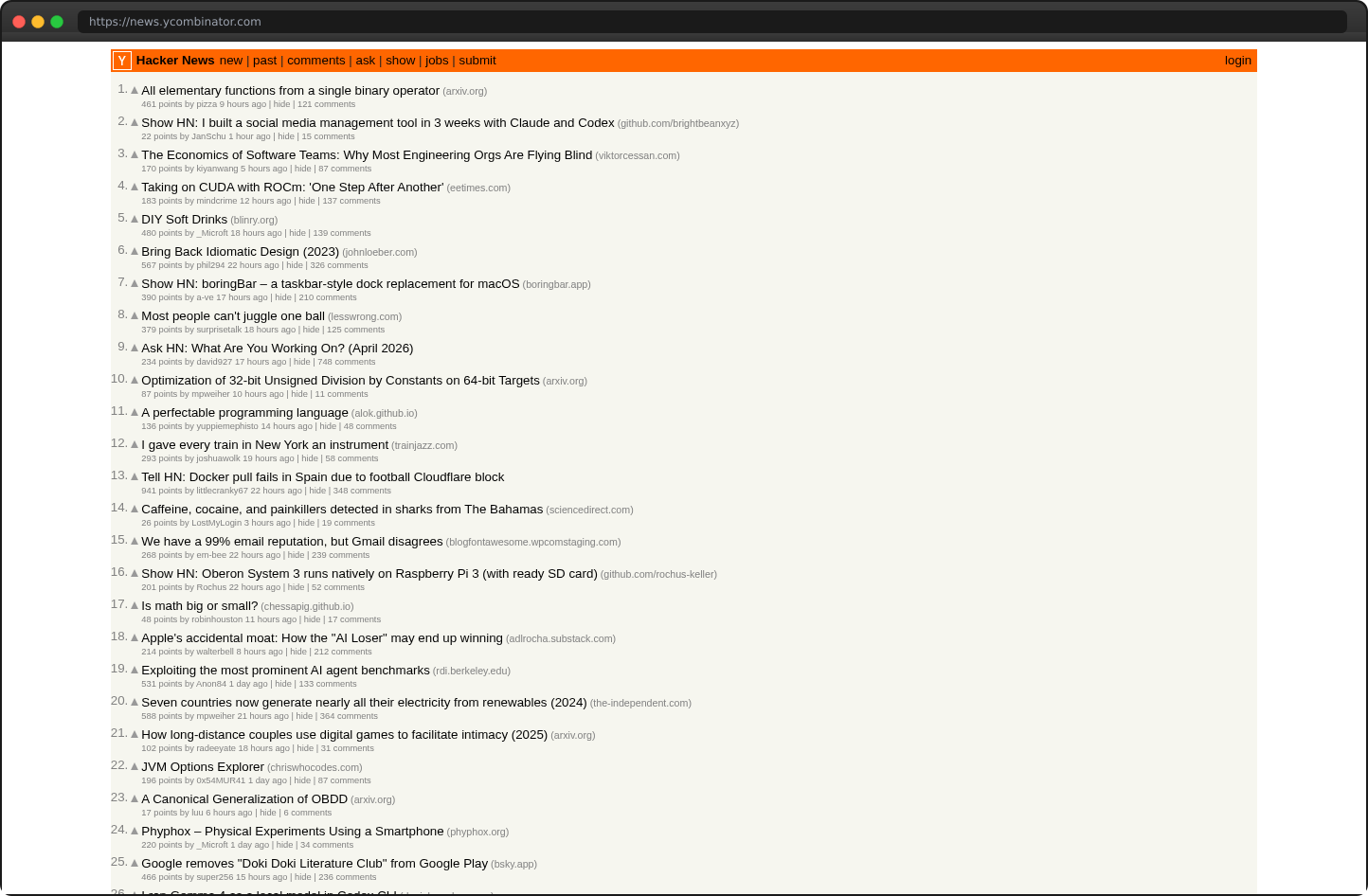 Screenshot of news.ycombinator.com