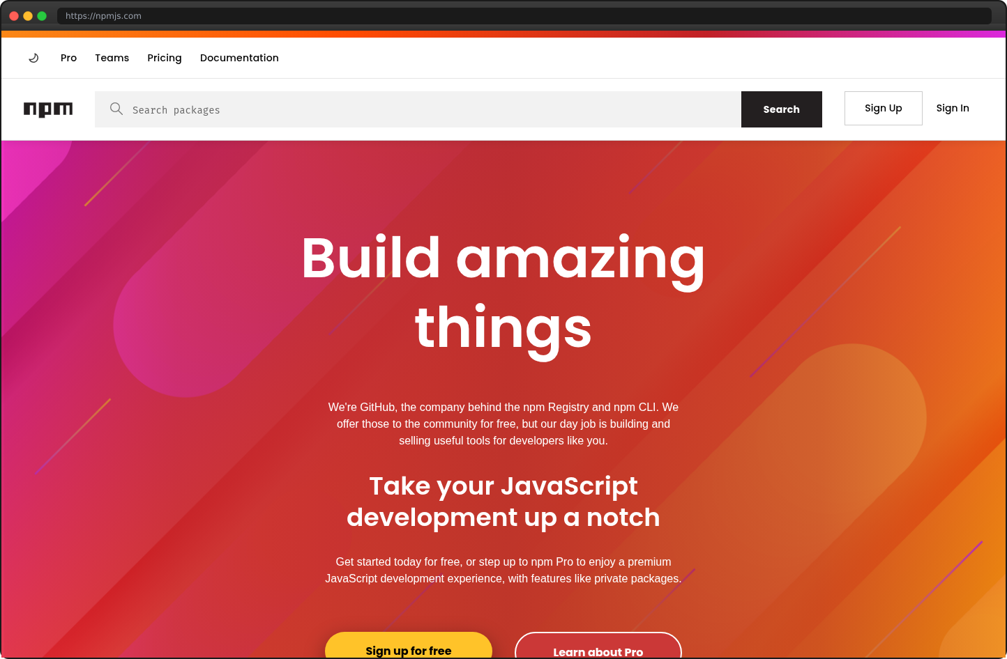 Screenshot of npmjs.com