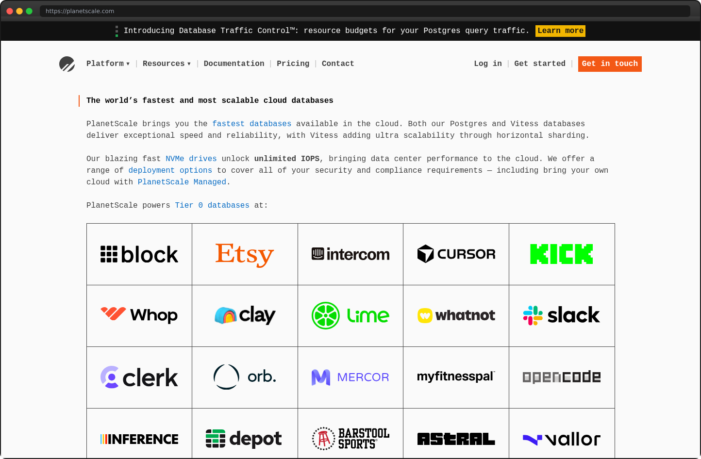 Screenshot of planetscale.com