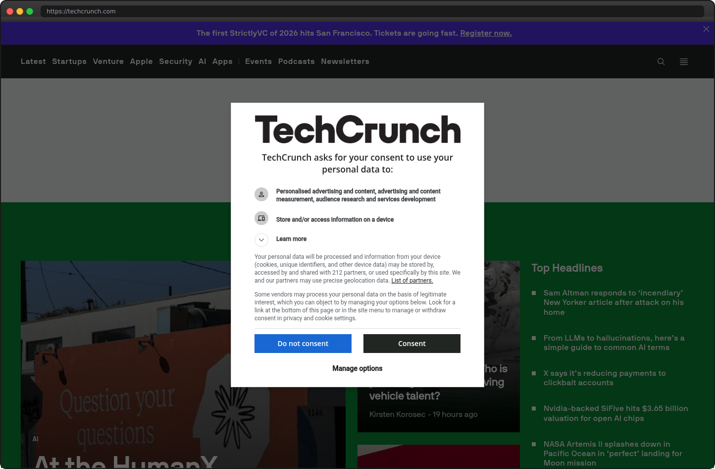 Screenshot of techcrunch.com